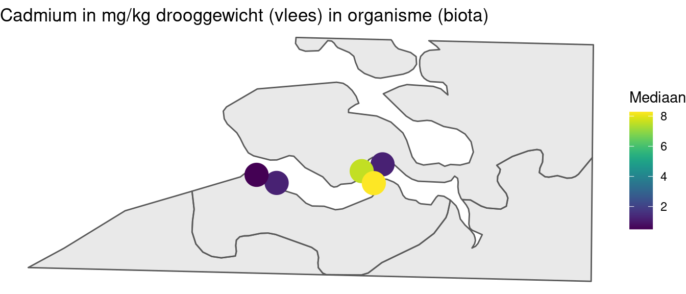 Gemiddelde cadmium in mosselen per station berekend op alle beschikbare data vanaf 1996.