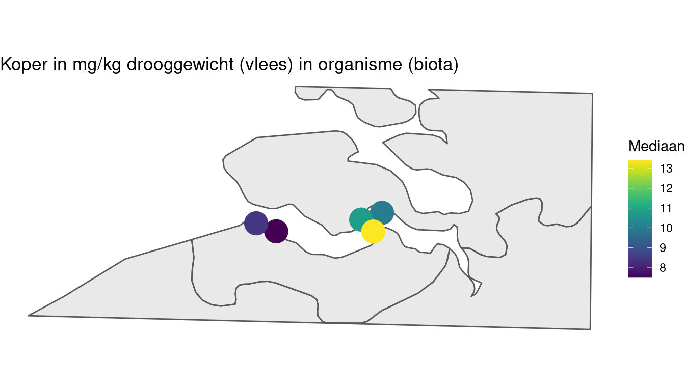 Gemiddelde koper in mosselen per station berekend op alle beschikbare data vanaf 1996.