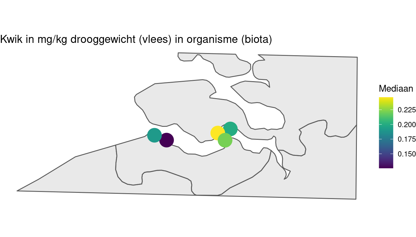 Gemiddelde kwik in mosselen per station berekend op alle beschikbare data vanaf 1996.