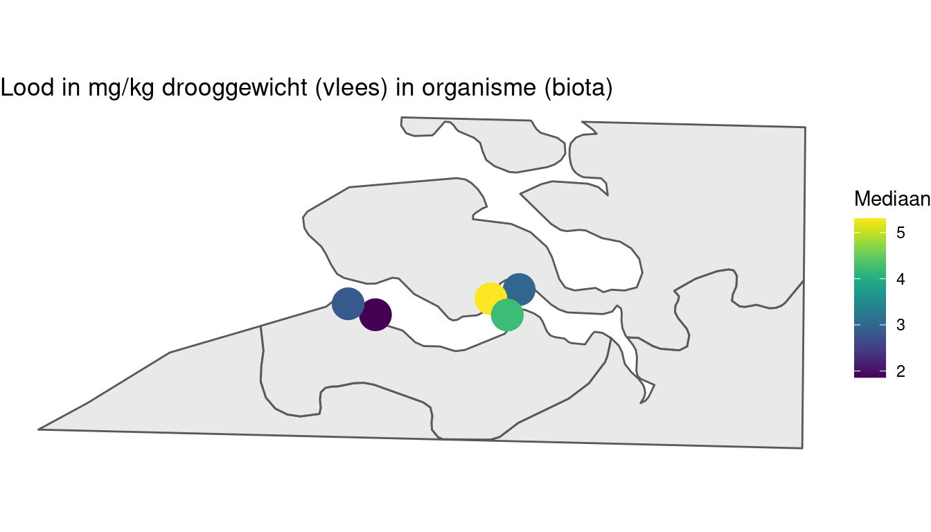 Gemiddelde lood in mosselen per station berekend op alle beschikbare data vanaf 1996.