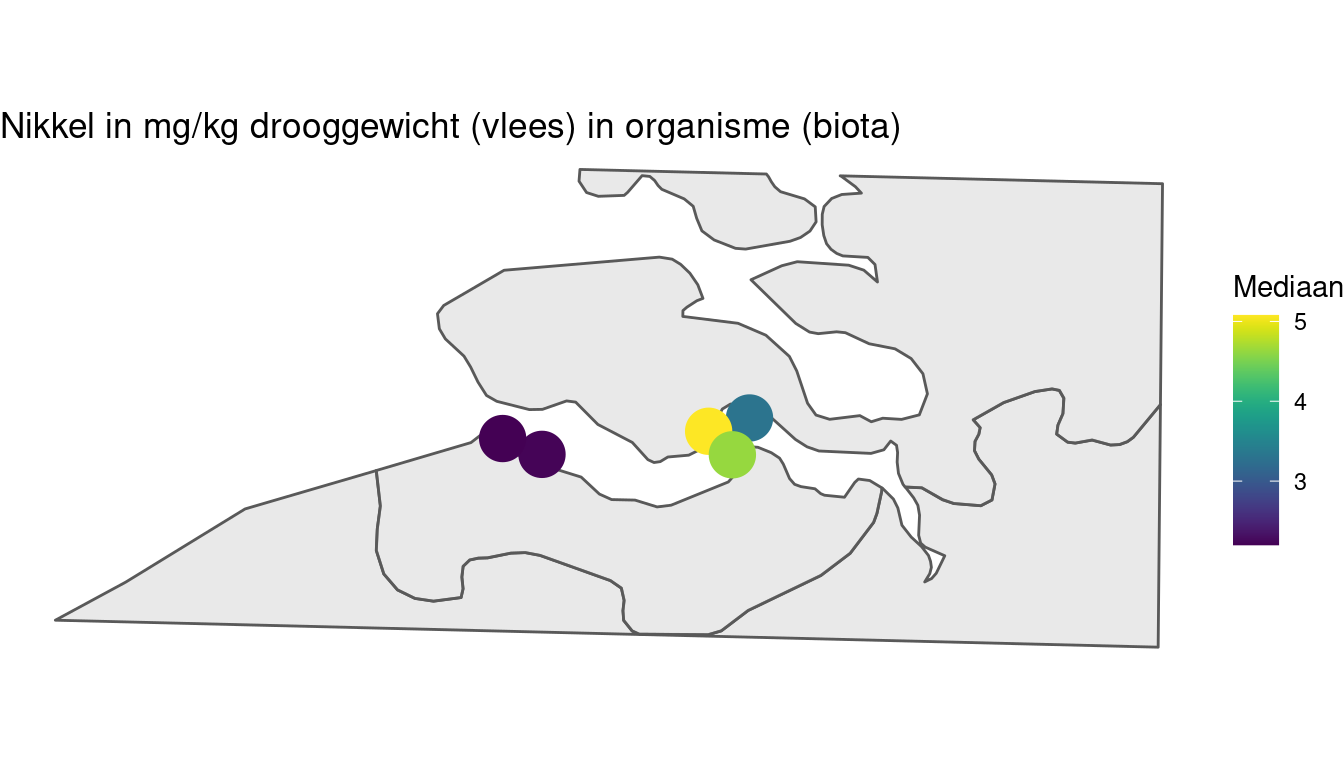 Gemiddelde nikkel in mosselen per station berekend op alle beschikbare data vanaf 1996.