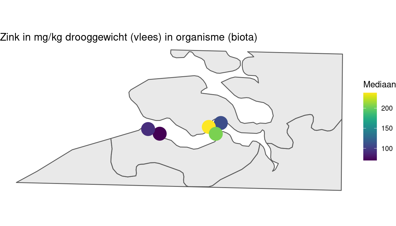 Gemiddelde zink in mosselen per station berekend op alle beschikbare data vanaf 1996.