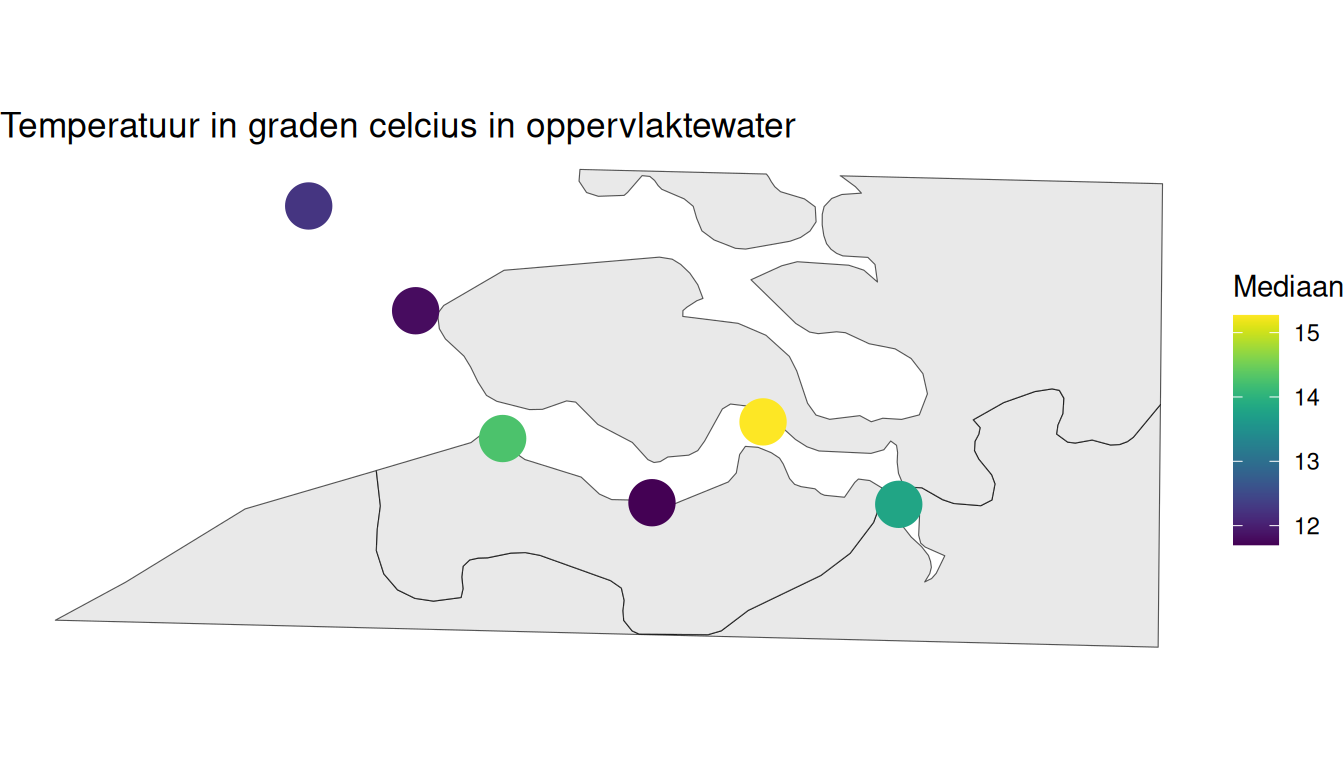 Mediaan voor de temperatuur per station berekend op alle beschikbare gegevens vanaf 2000