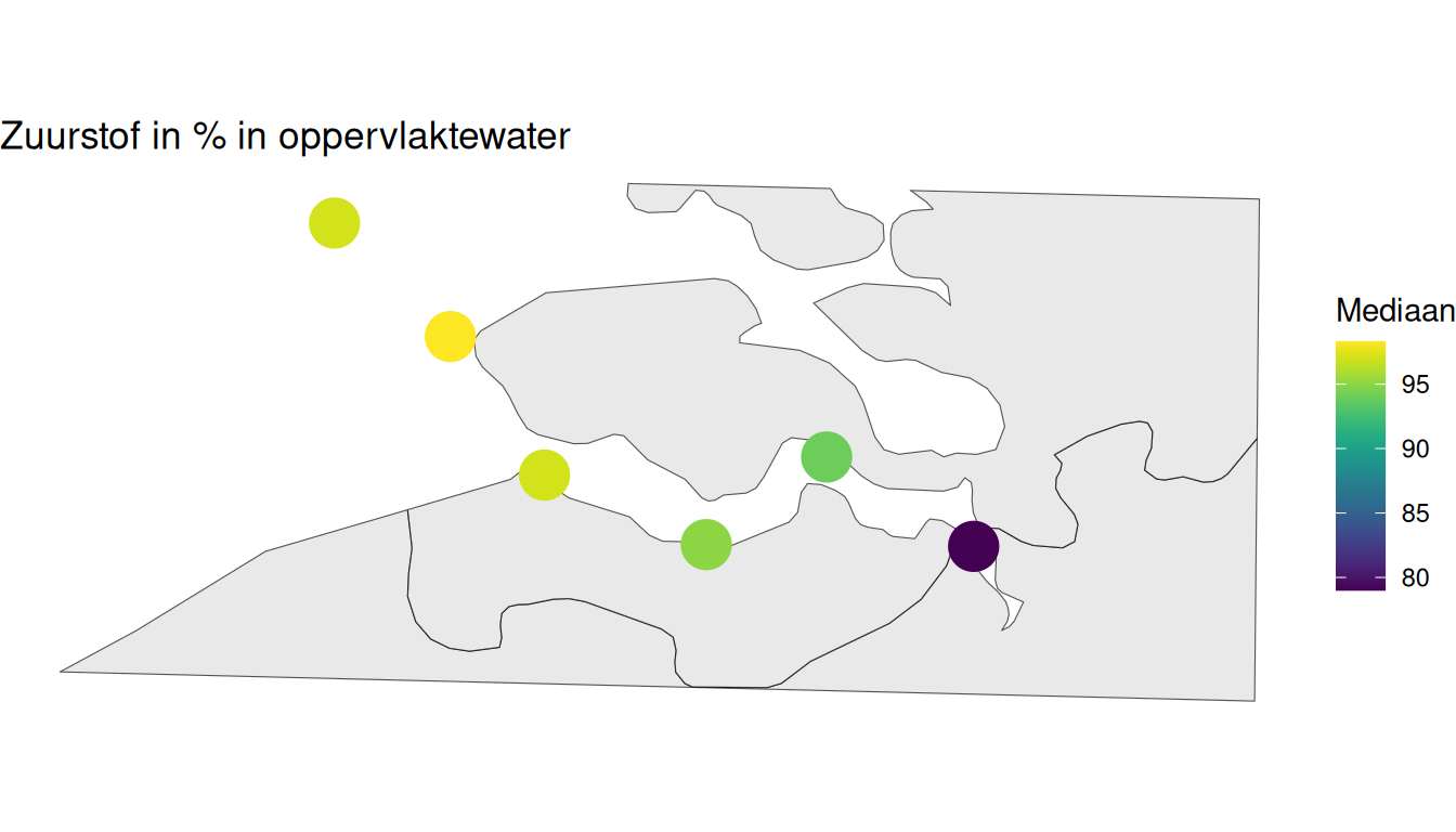 Mediane verzadigingspercentage zuurstof per station berekend op alle beschikbare gegevens vanaf 1998.