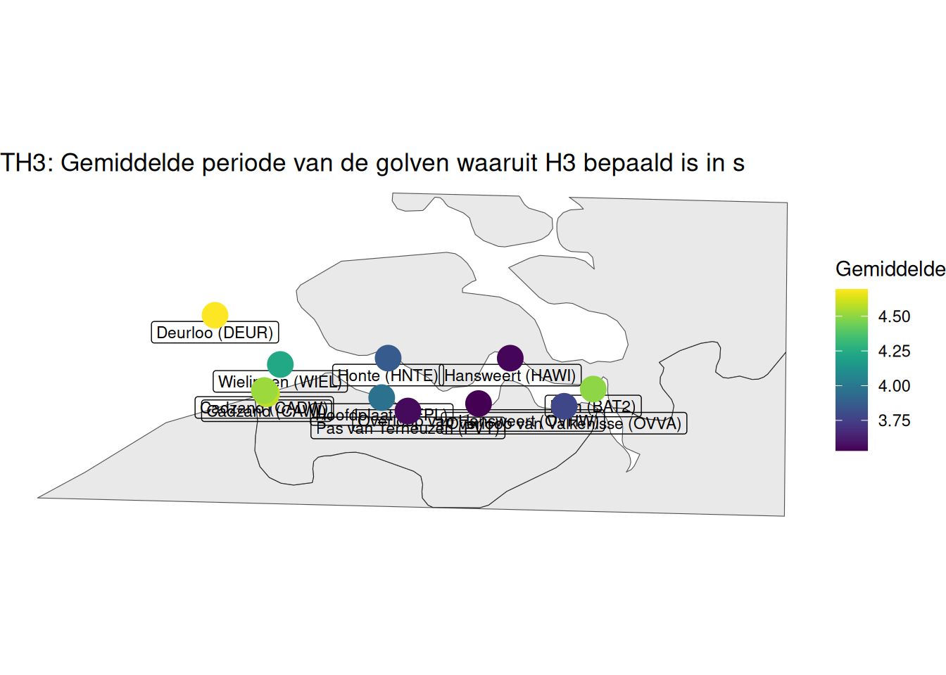 Gewogen gemiddelde significante golfperiode per station berekend op basis van het spectrum voor alle beschikbare data vanaf 1998.