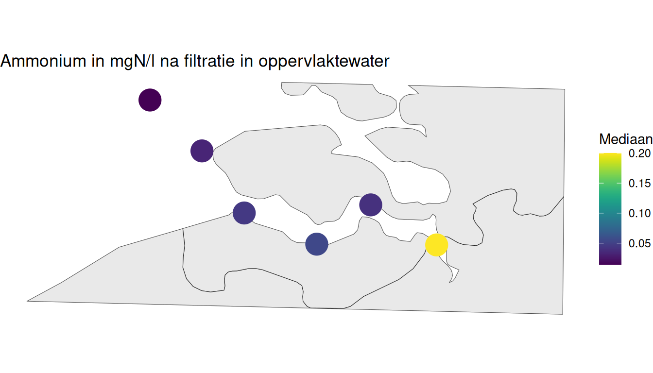 Mediaan ammoniumgehalte per station berekend op alle beschikbare gegevens vanaf 1998.
