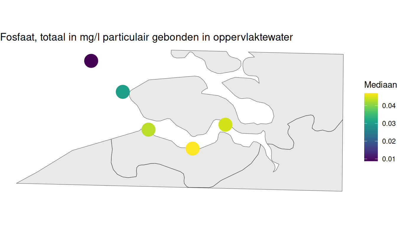 Mediaan particulair gebonden fosfaatgehalte per station berekend op alle beschikbare gegevens vanaf 1998.