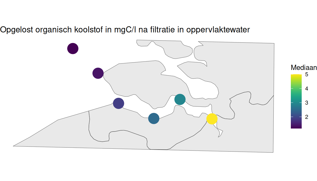 Mediaan opgeloste koolstofgehalte per station berekend op alle beschikbare gegevens vanaf 1998.