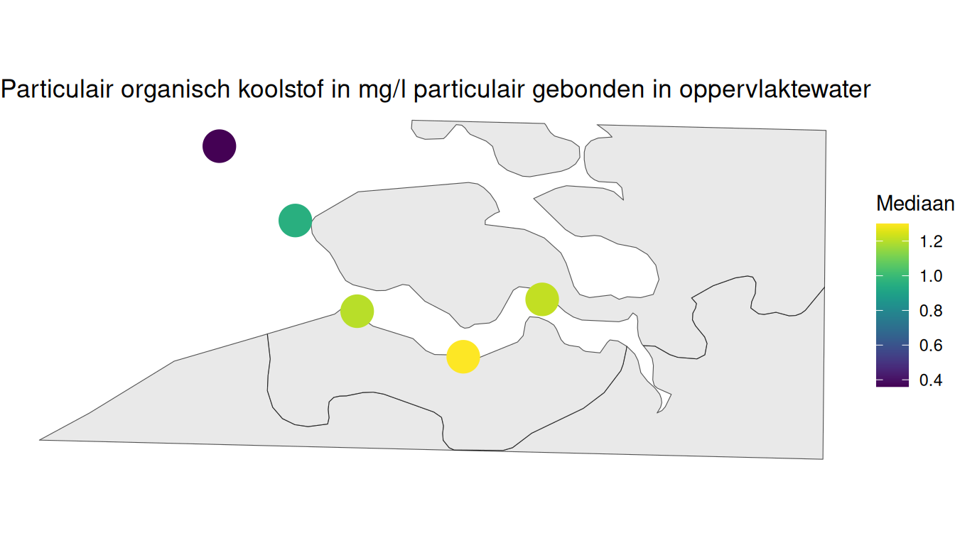 Mediaan particulaire koolstofgehalte per station berekend op alle beschikbare gegevens vanaf 1998.
