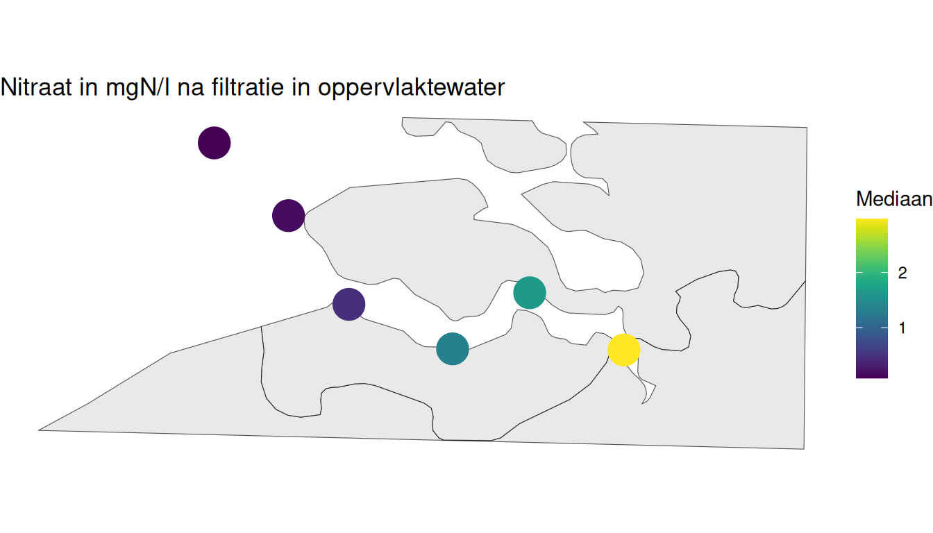 Mediaan nitraatgehalte per station berekend op alle beschikbare gegevens vanaf 1998.