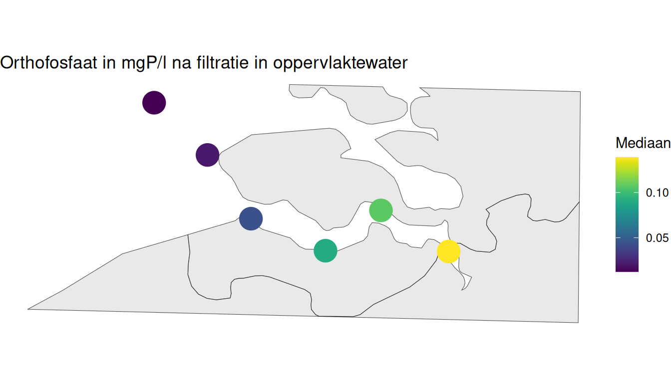 Mediaan orthofosfaatgehalte per station berekend op alle beschikbare gegevens vanaf 1998.
