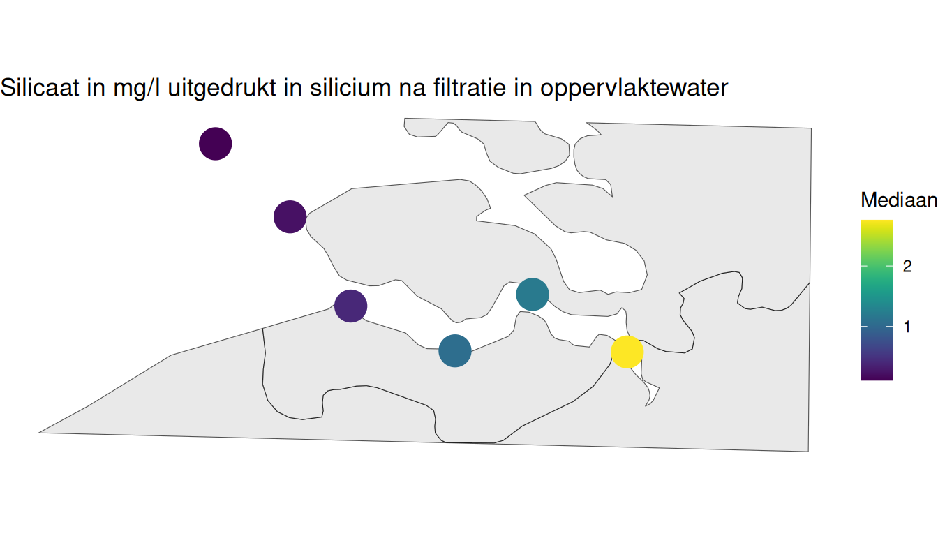 Mediaan silicaatgehalte per station berekend op alle beschikbare gegevens vanaf 1998.