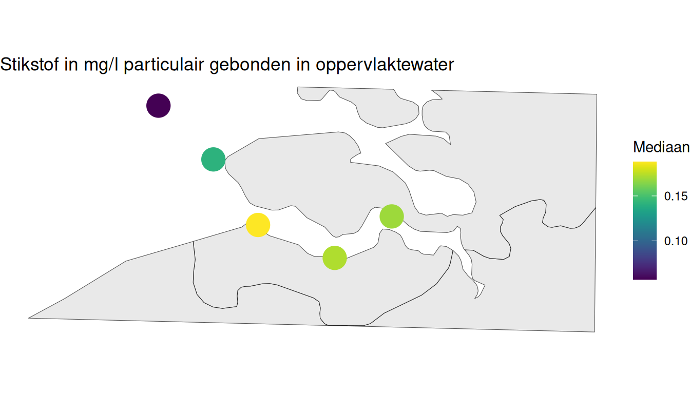 Mediane hoeveelheid particulair stikstofgehalte na filtratie per station berekend op alle beschikbare gegevens vanaf 1998.