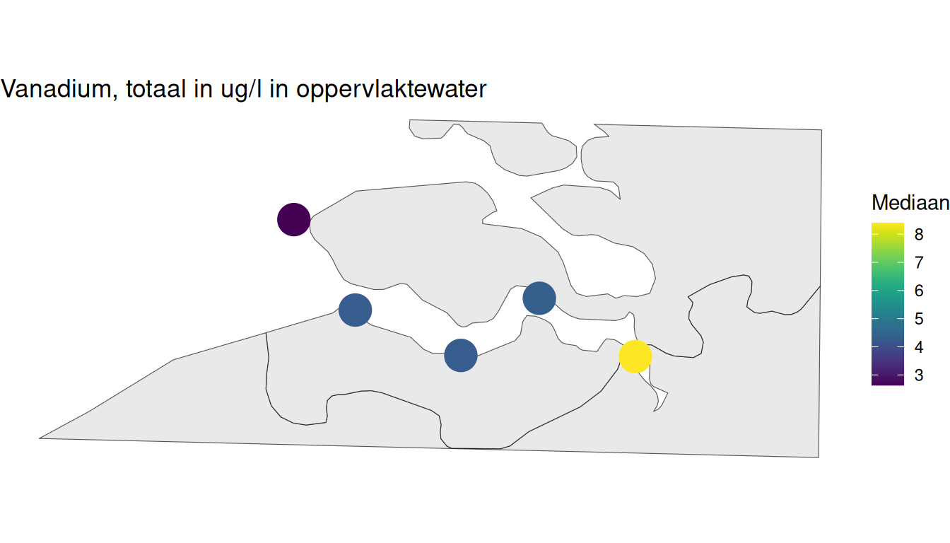 Mediaan totale vanadiumgehalte station berekend op alle beschikbare gegevens vanaf 1998.