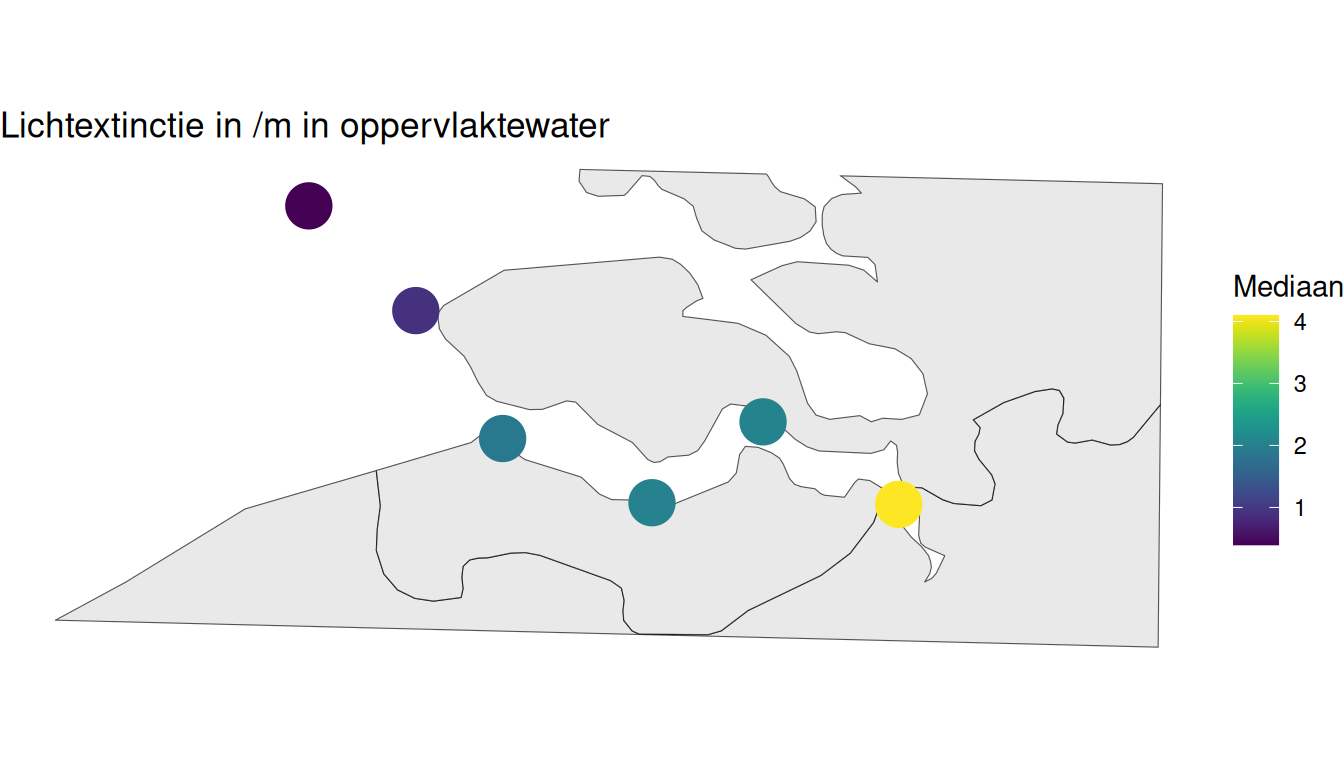 Mediane extinctiecoefficiënt per station berekend op alle beschikbare gegevens vanaf 1998.
