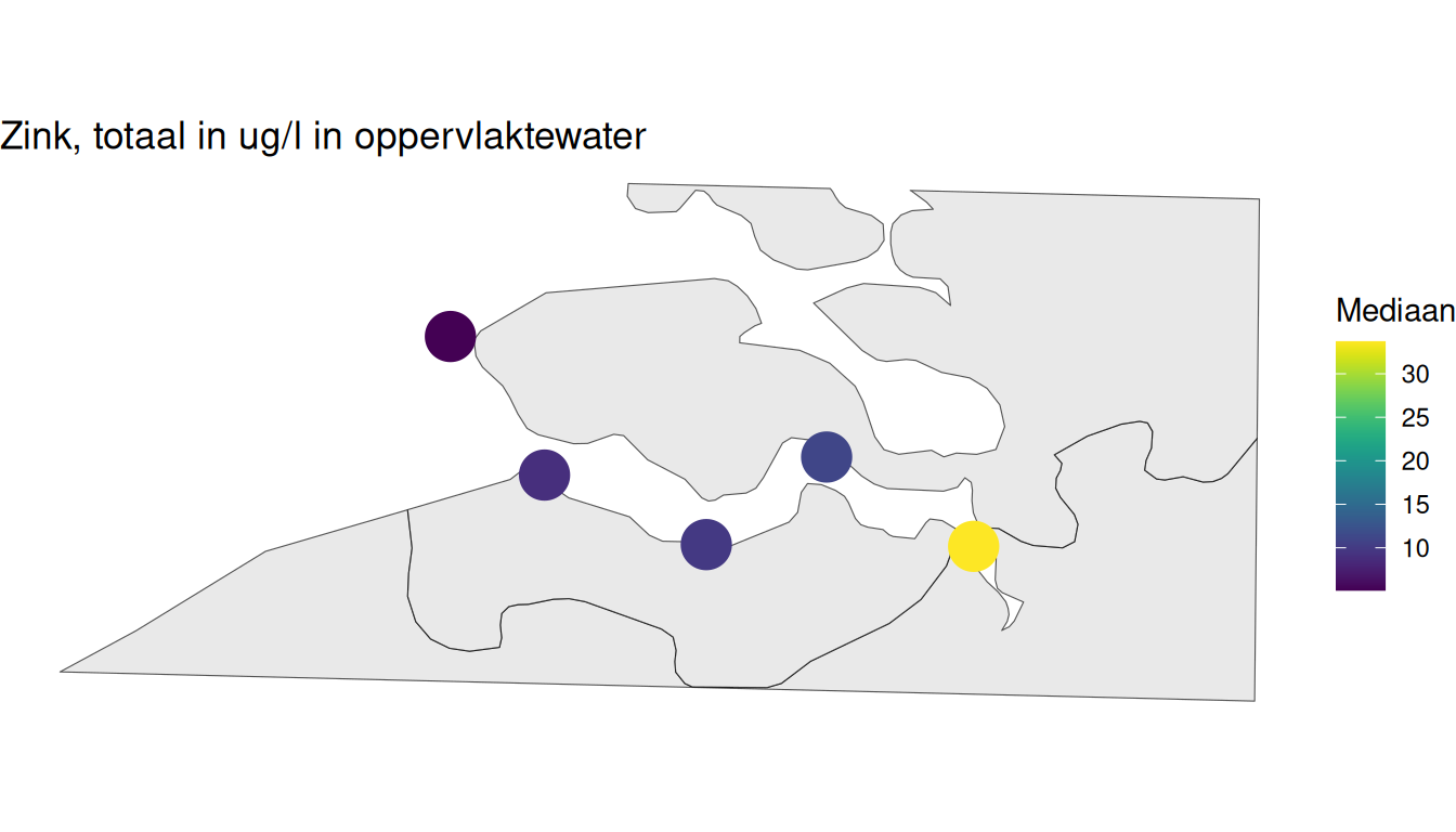 Mediaan van het gefilterde zinkgehalte station berekend op alle beschikbare gegevens vanaf 1998.