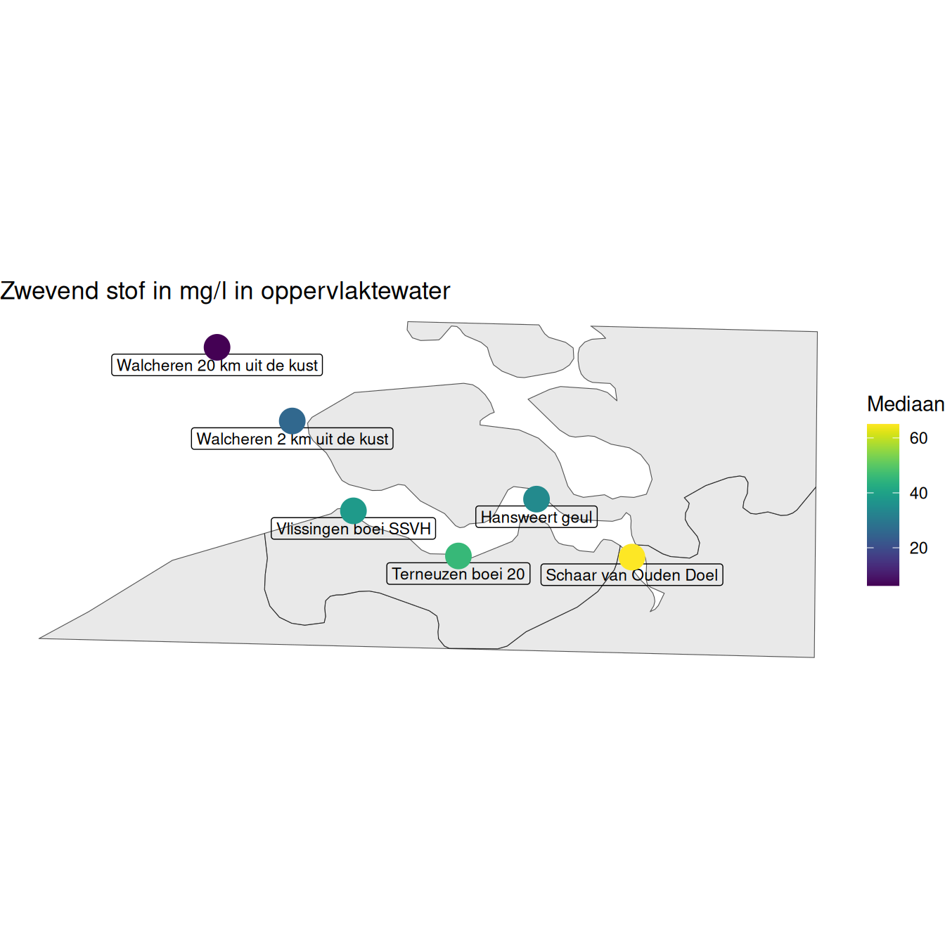Mediaan hoeveelheid zwevende stof per station berekend op alle beschikbare gegevens vanaf 1998.