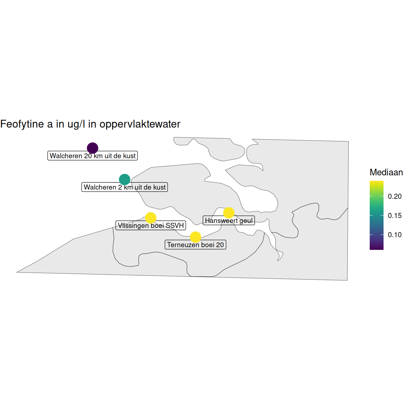 Medaan feofytine per station berekend op alle beschikbare gegevens vanaf 1997. Statistiek is uitgevoerd op log-getransformeerde gegevens.