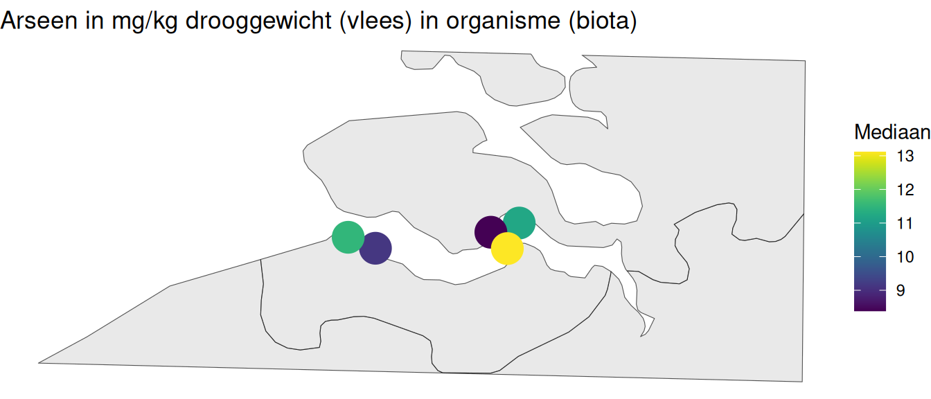 Gemiddelde arseen in mosselen per station berekend op alle beschikbare data vanaf 1996.