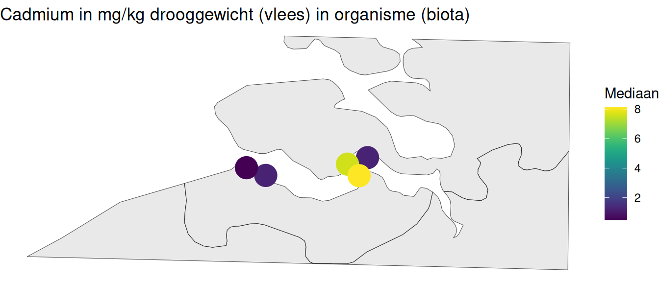 Gemiddelde cadmium in mosselen per station berekend op alle beschikbare data vanaf 1996.