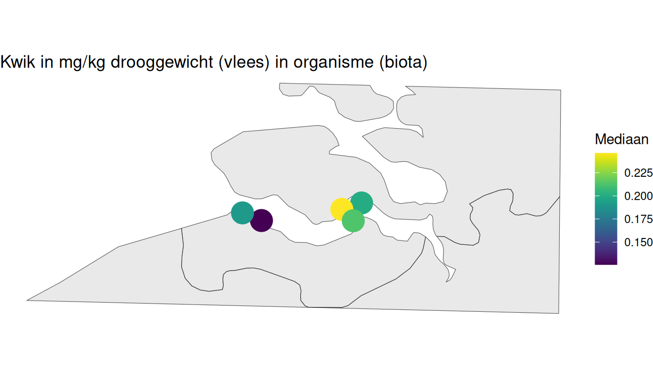 Gemiddelde kwik in mosselen per station berekend op alle beschikbare data vanaf 1996.