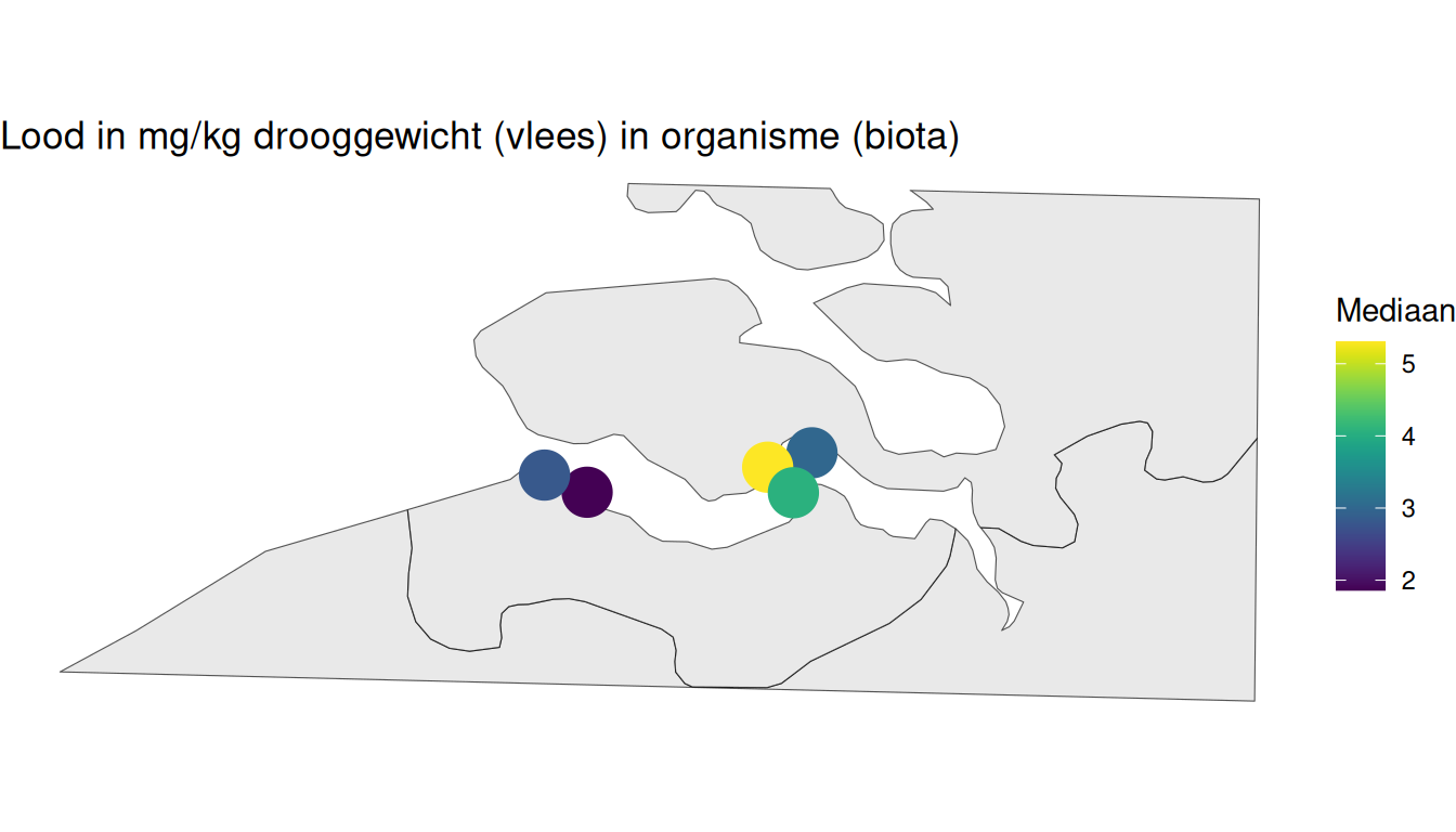 Gemiddelde lood in mosselen per station berekend op alle beschikbare data vanaf 1996.