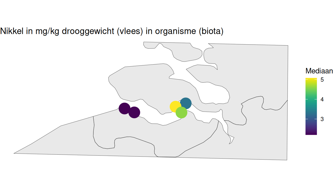 Gemiddelde nikkel in mosselen per station berekend op alle beschikbare data vanaf 1996.