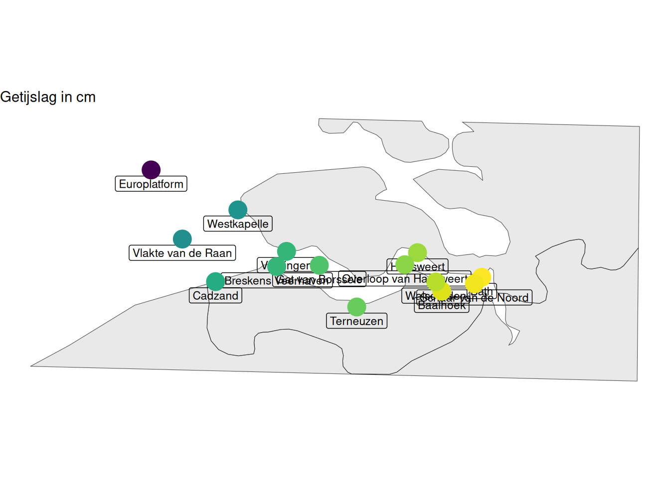 Mediaan van getijslag per station berekend op alle beschikbare data vanaf 1998