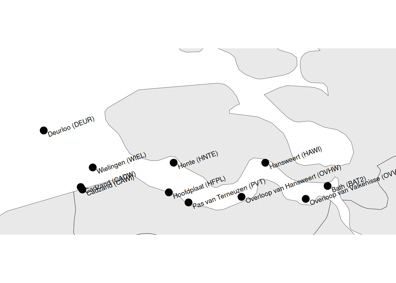Ligging van de meetstations voor de golfhoogte en -periode.