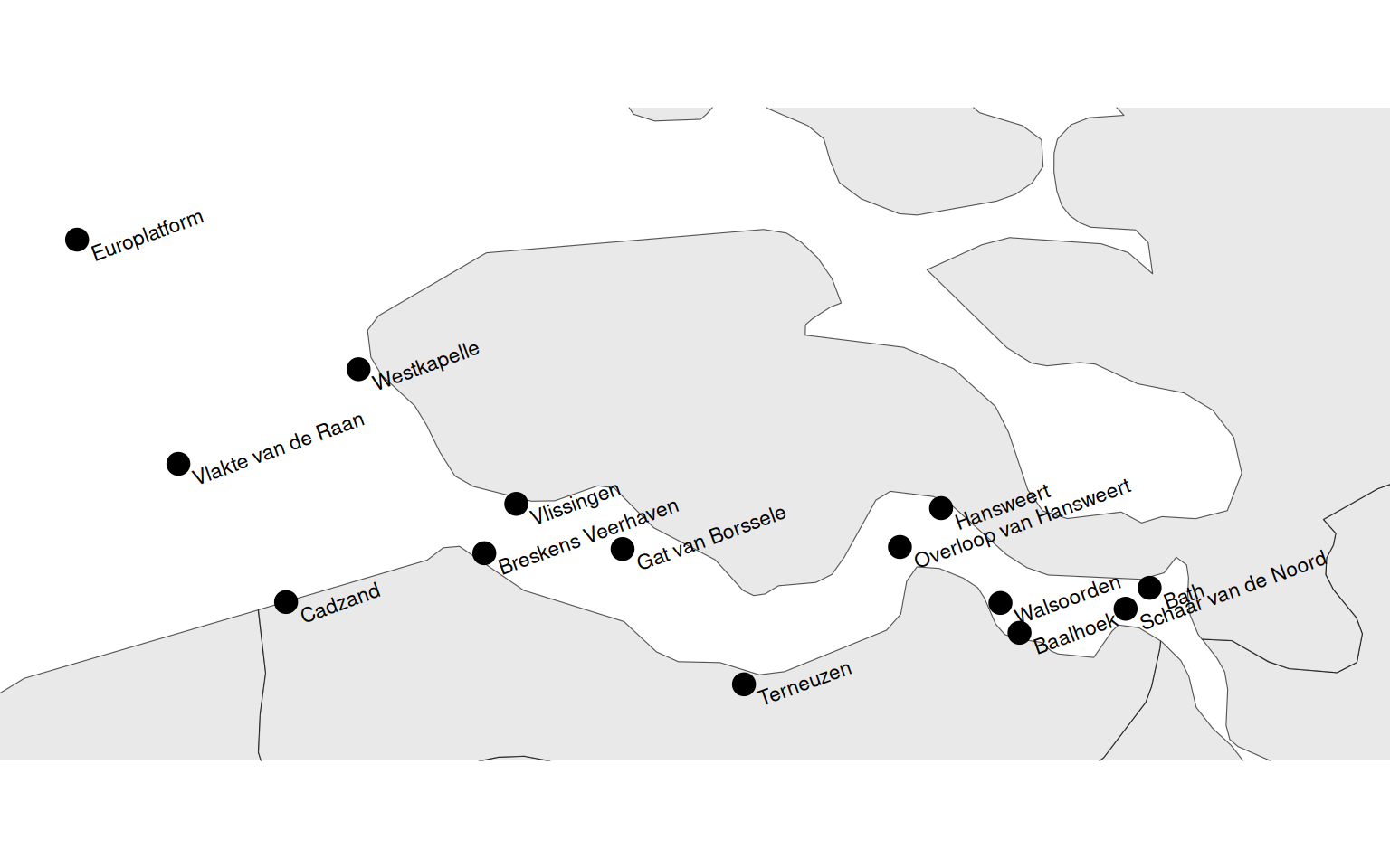 Ligging van de meetstations voor de waterstanden